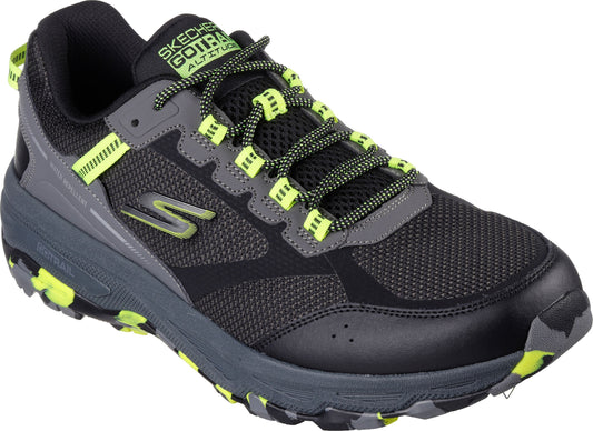 Black and gray trail running shoe with neon green accents and laces.