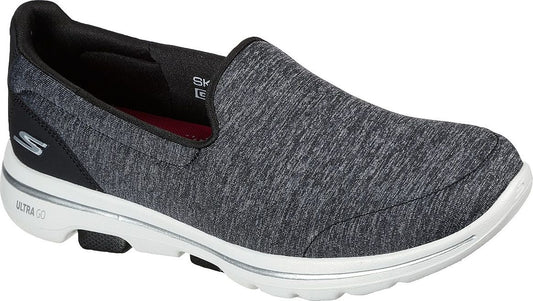 Slip-on shoe featuring a gray knit upper, white midsole and black accents.