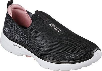 A black slip-on shoe with white sole and pink lining, with the word "SKECHERS GOWALK" on the side.