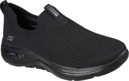 Black slip-on shoe with a knit upper, featuring a pull-tab, a thick, supportive sole, and 'Arch Fit' branding on the side.