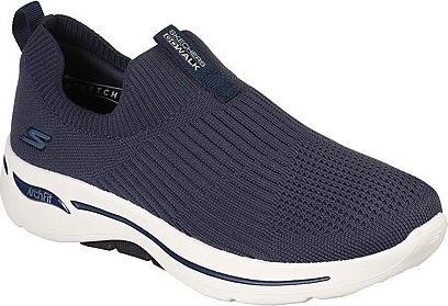 Navy blue slip-on sneaker with white arch support and Go-Walk text.