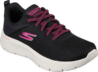 Black athletic shoe with pink accents and thick white sole.