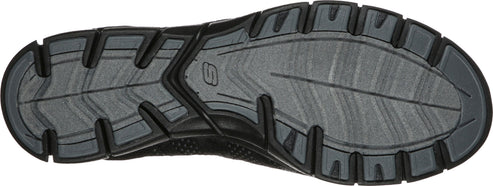 The sole of a shoe with a multi-directional pattern of treads and grooves.