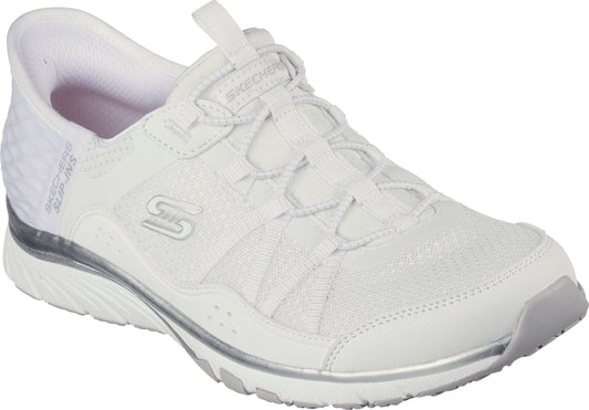 A white slip-on sneaker with a textured upper, elastic laces, a pull tab, and a silver accent on the sole.