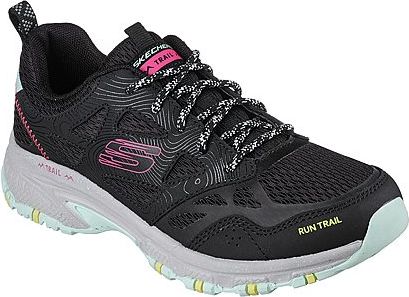 Black athletic shoe with pink accents, decorative laces and 'RUN TRAIL' on the side.