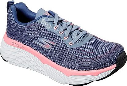 A blue and pink running shoe with a white sole and mesh upper. The laces are pink.