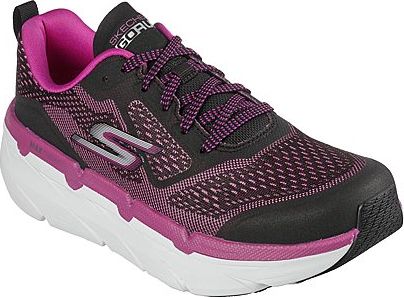 Black and purple women's running shoe with white sole.