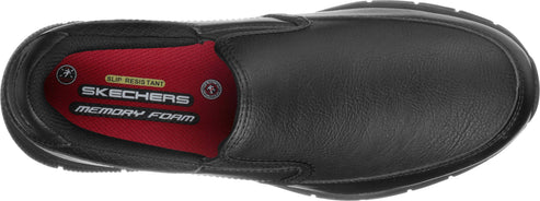Black slip-on shoe with red memory foam insole.