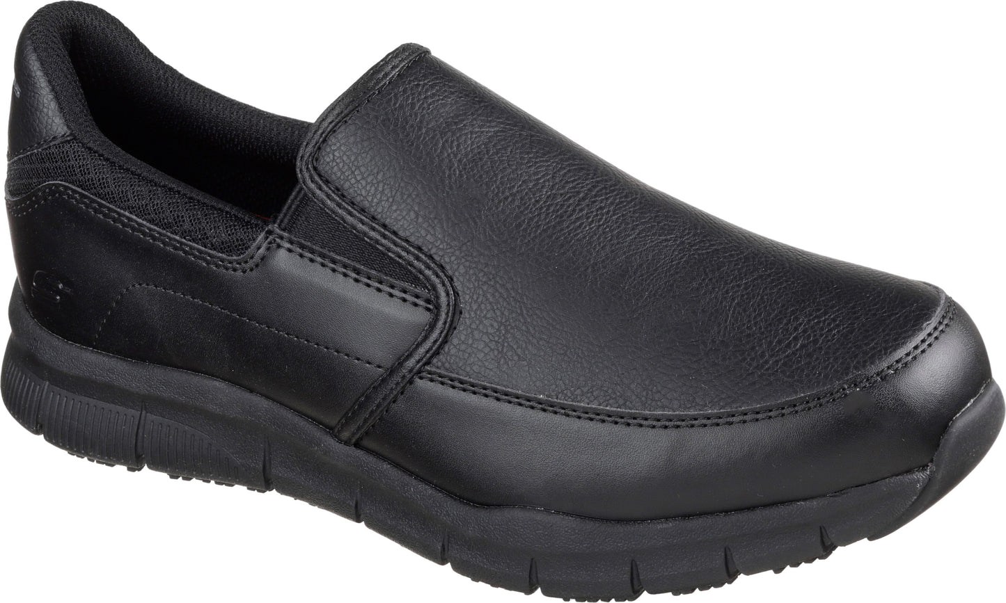 Black slip-on shoe with a faux leather upper and low-profile rubber sole.