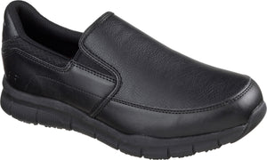 Black slip-on shoe with a faux leather upper and low-profile rubber sole.