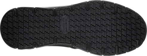 The outsole of a shoe with a complex tread pattern made up of small rectangles.