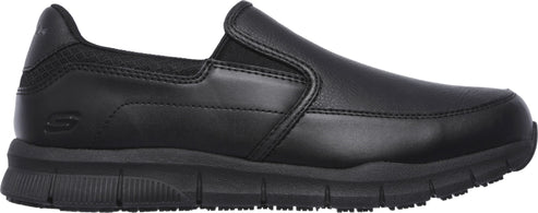Black slip-on shoe with a rounded toe and textured sole.