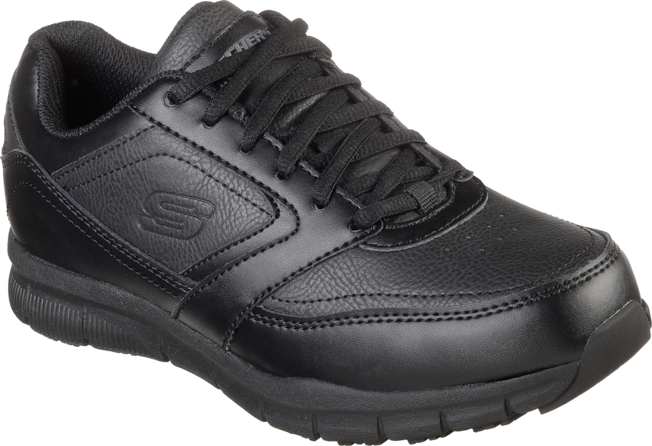 Black shoe with a laced closure and 'S' on the side.