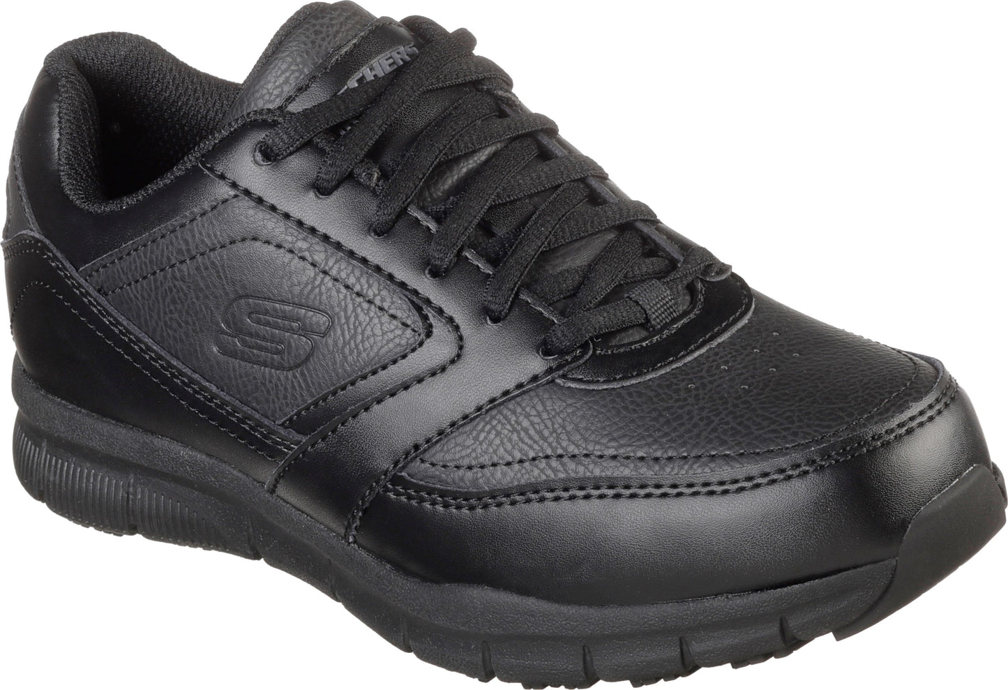 Black shoe with a laced closure and 'S' on the side.