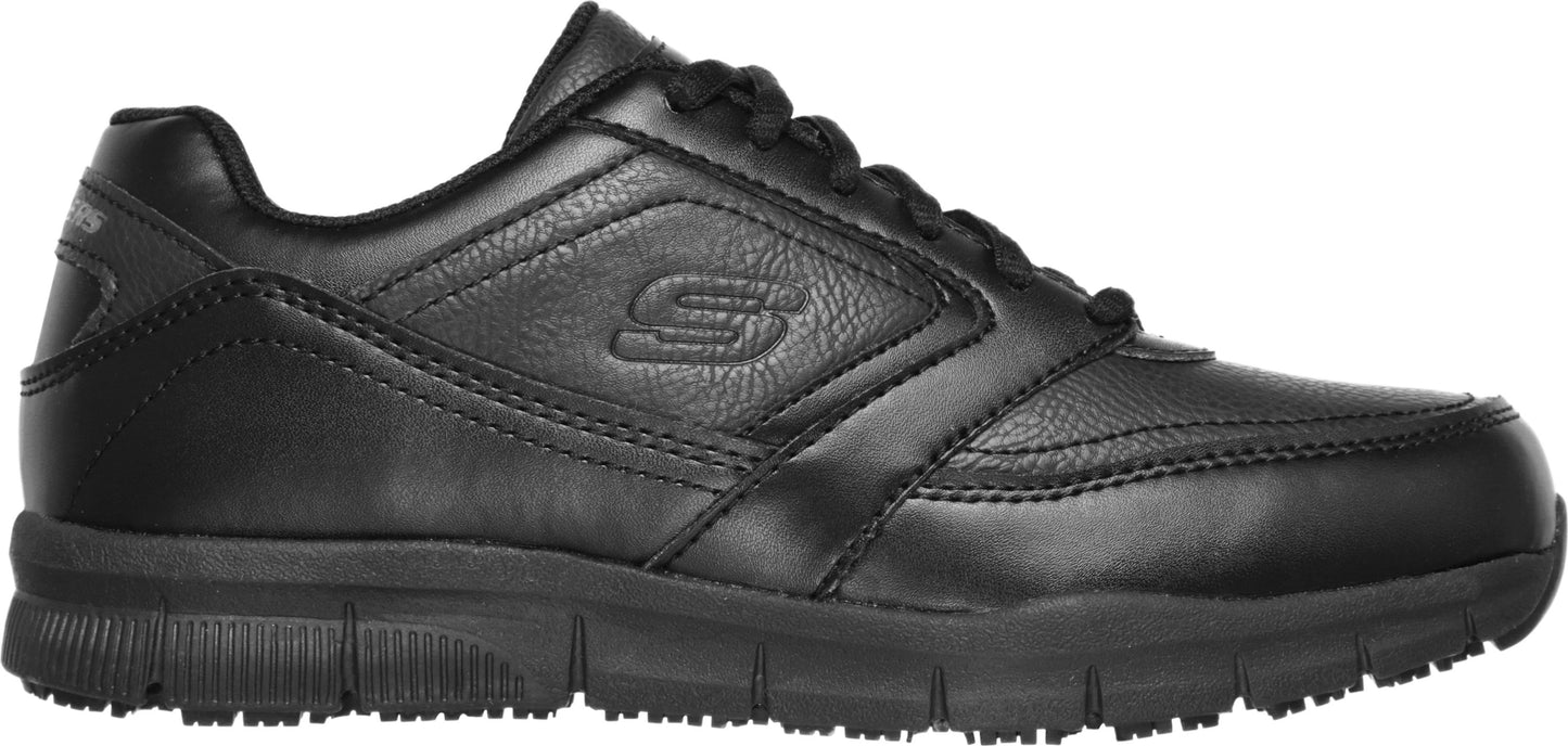 A black leather Skechers work shoe.