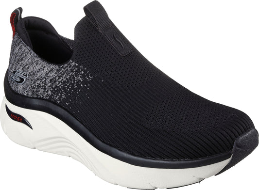A black knit slip-on shoe with a high white arch, a red accent at the heel, and a gray-speckled heel cup.