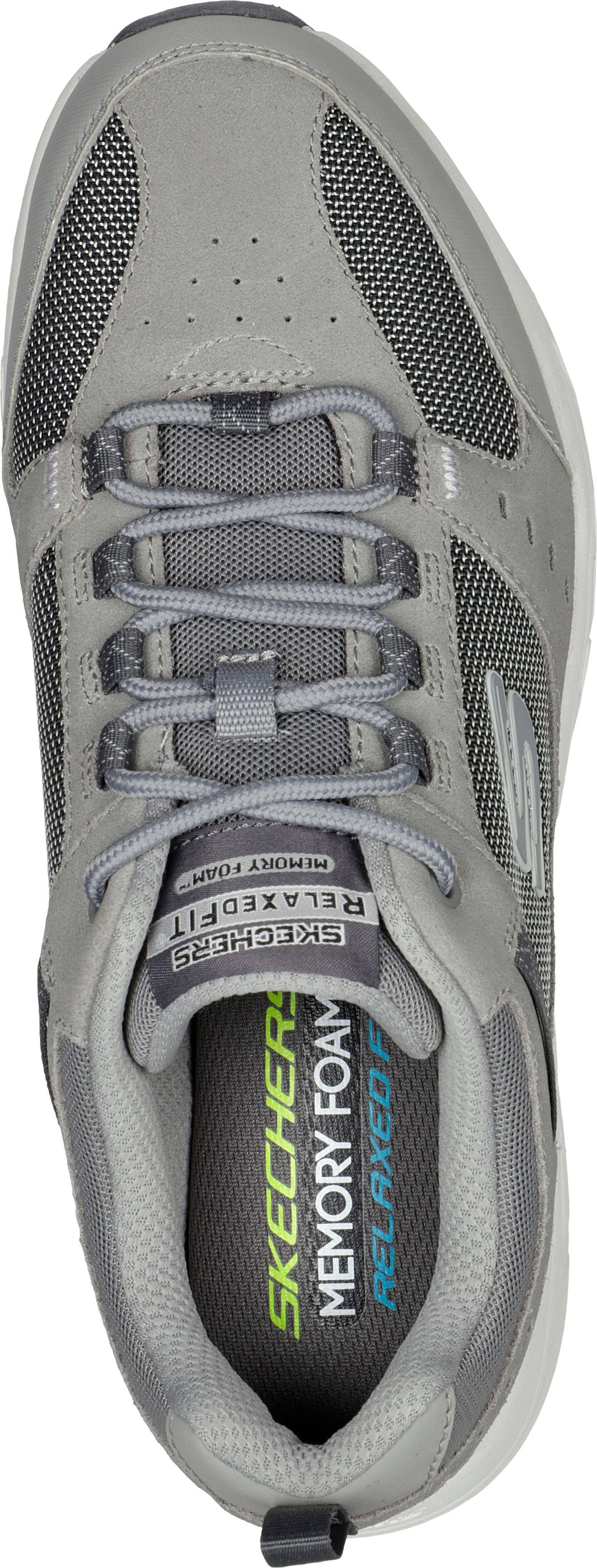 Top view of a gray shoe with laces, mesh fabric and relaxed fit memory foam.