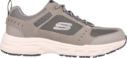 A grey walking shoe with mesh panels and a thick sole.