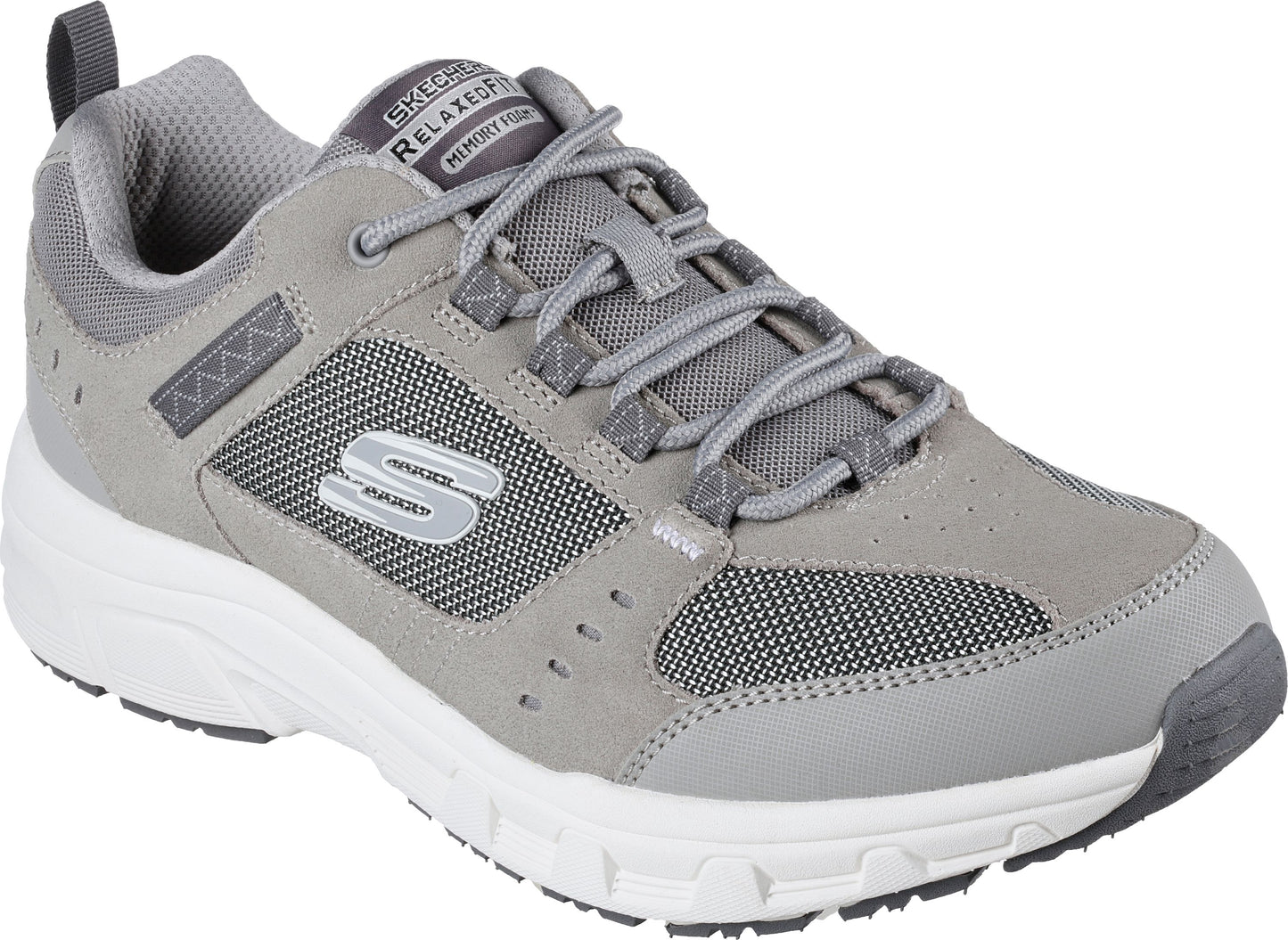 A gray sneaker with a white sole, gray laces, mesh accents, and the letter S on the side. The words "RELAXED FIT" and "MEMORY FOAM" are on the tongue.