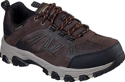 Brown waterproof outdoor shoe with brown and black laces and a gray sole.