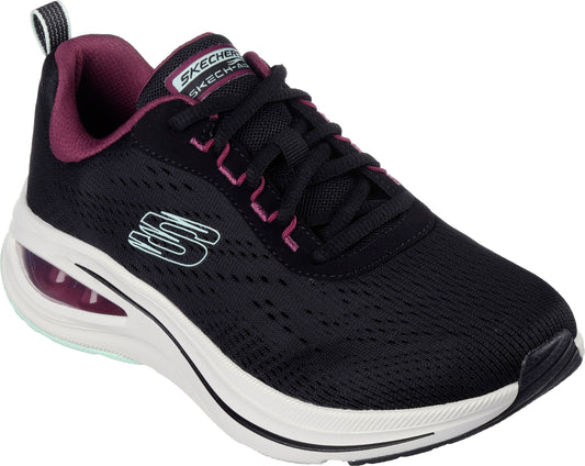 A black running shoe with a white sole, black laces, and a maroon lining, featuring a white 'S' logo on the side.