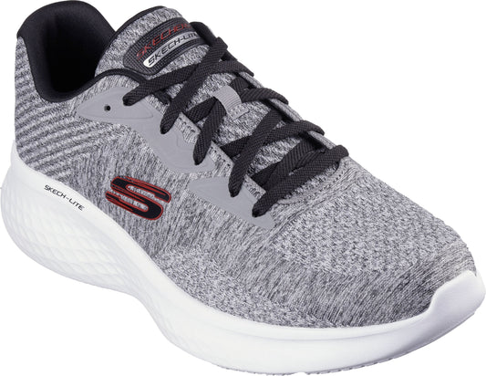 Low-top grey sneaker with black laces and a white sole.