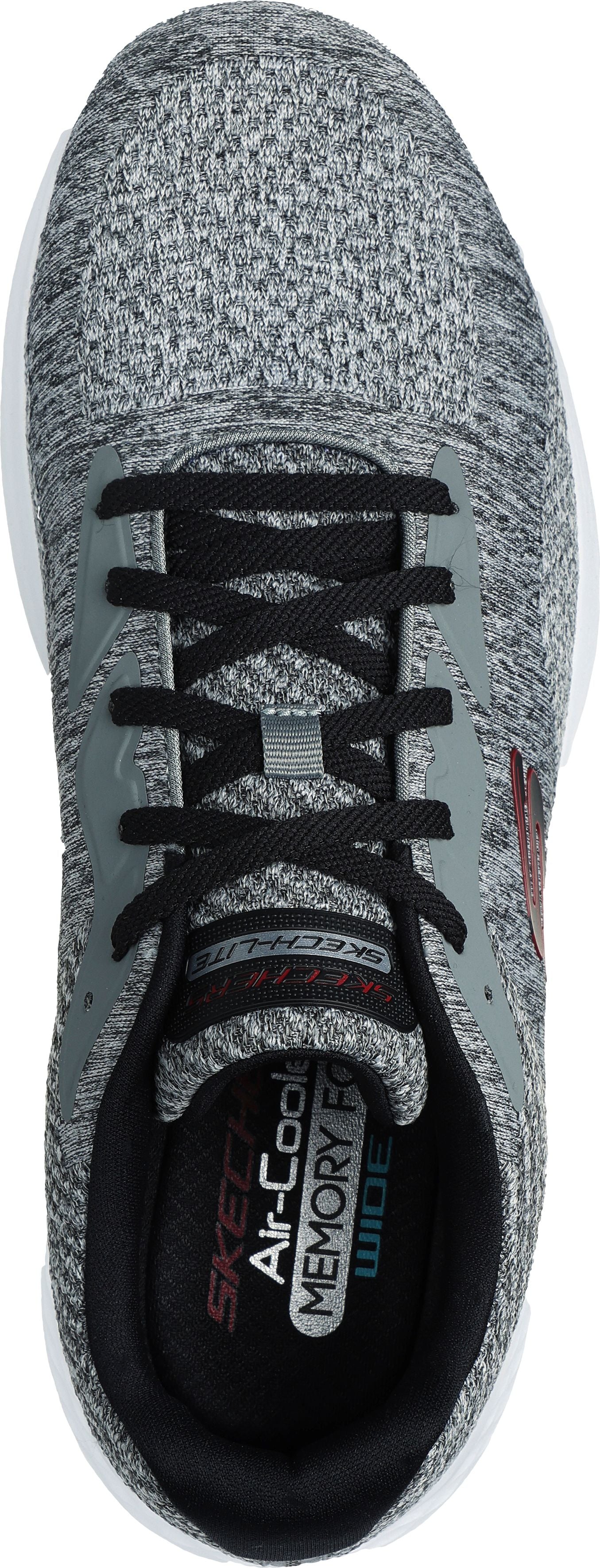 A gray running shoe with black laces.