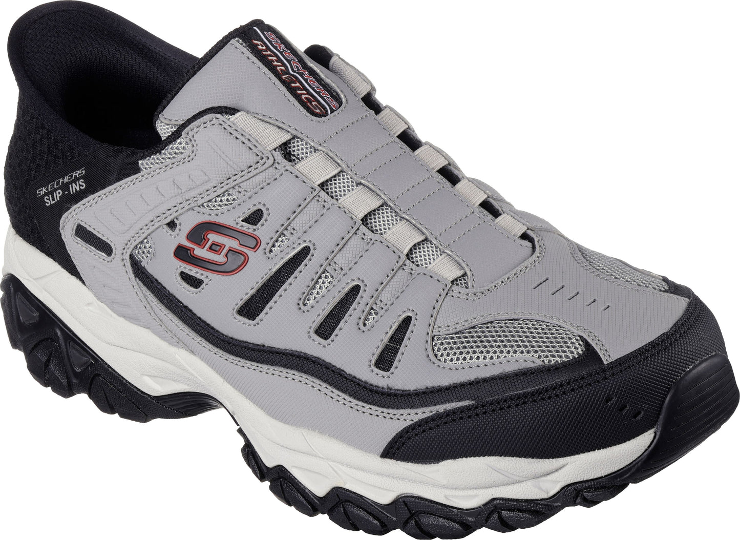 Gray athletic slip-on shoe with black trim and white midsole.