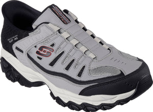 Gray athletic slip-on shoe with black trim and white midsole.