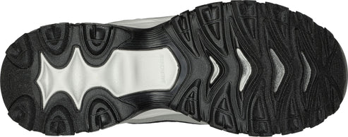 Bottom view of a shoe sole with a black tread and white insets.