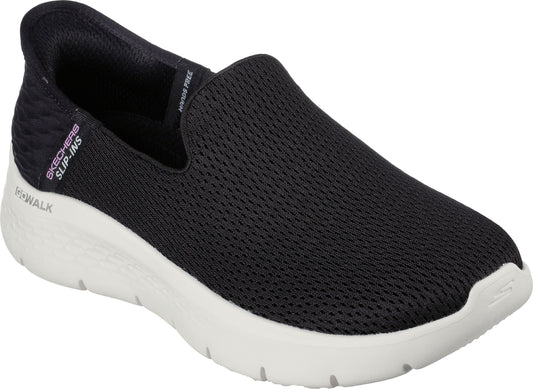 Black slip-on walking shoe with a white sole and 'Hands Free' text inside.