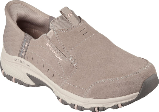 Slip-on taupe walking shoe with a suede upper, elasticized collar, and a rugged outsole.