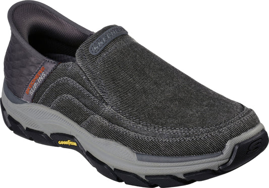 Dark gray canvas slip-on shoe with gray midsole and Goodyear sole.