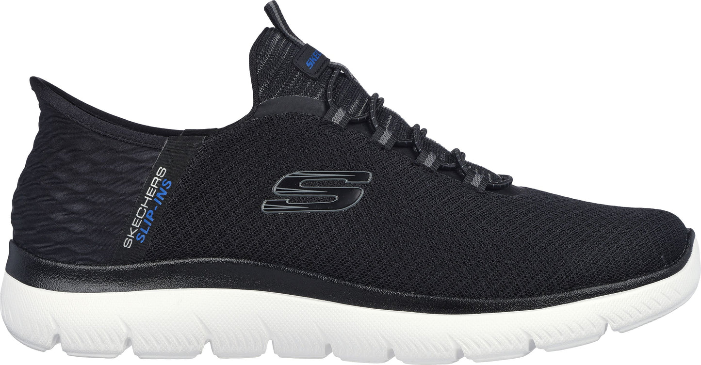 Black slip-on style sneaker with S logo and white sole.