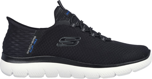 Black slip-on style sneaker with S logo and white sole.