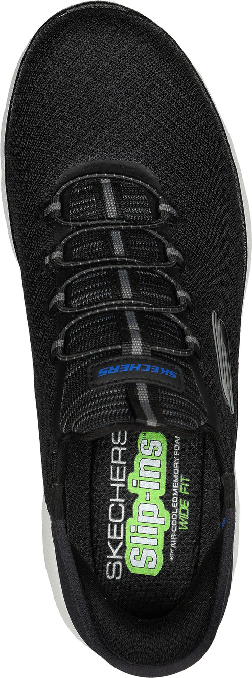 Top-down view of a black sneaker featuring laces and "Slip-ins" logo.
