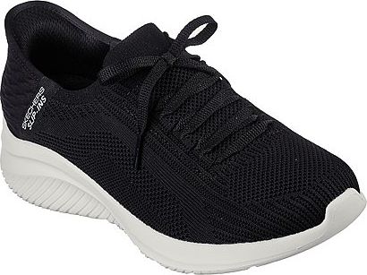 Black mesh sneaker with white sole and laces.