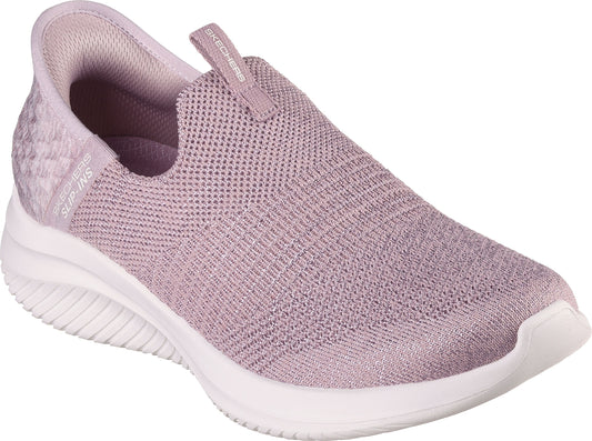 Lavender slip-on sneaker with a white sole and knit upper.