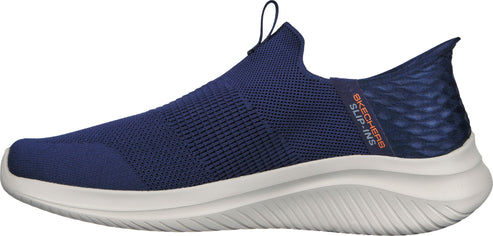 A blue slip-on shoe with a white sole and orange text that says "SKECHERS SLIP-INS" on the side.