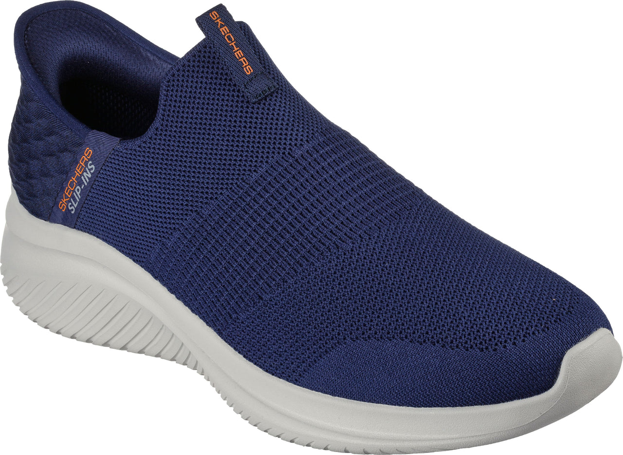 Slip-on sneaker in navy mesh, with an orange heel logo reading "SKECHERS SLIP-INS" and an orange instep logo reading "SKECHERS", on a white sole.