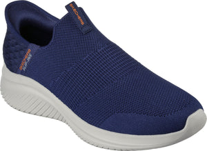 Slip-on sneaker in navy mesh, with an orange heel logo reading "SKECHERS SLIP-INS" and an orange instep logo reading "SKECHERS", on a white sole.