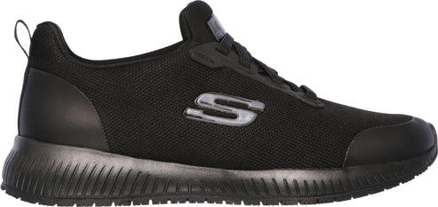 A black athletic shoe with a mesh upper and the letter 'S' on the side.