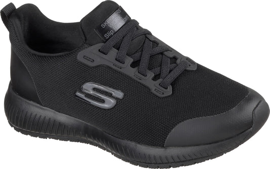 Black slip-on sneaker with laces and the letter S on the side.