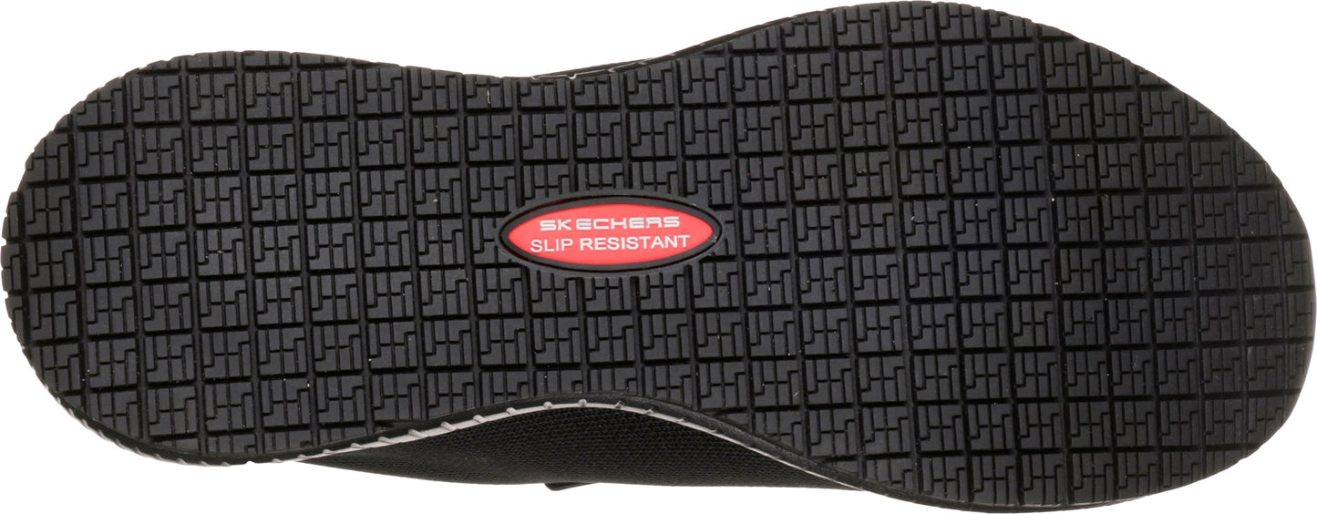 A shoe sole with a non-slip, patterned tread, and a 'SKECHERS SLIP RESISTANT' badge in the center.