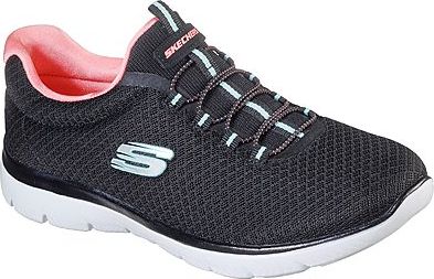 Black slip-on sneaker with elastic laces, white sole, and pink interior.