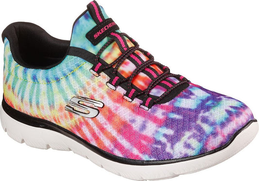 Tie-dye slip-on sneaker with elastic laces and a white sole.