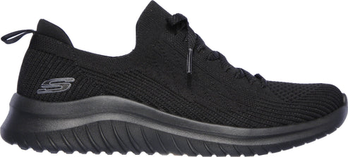 A black knit sneaker with a thick black sole and a black shoelace.