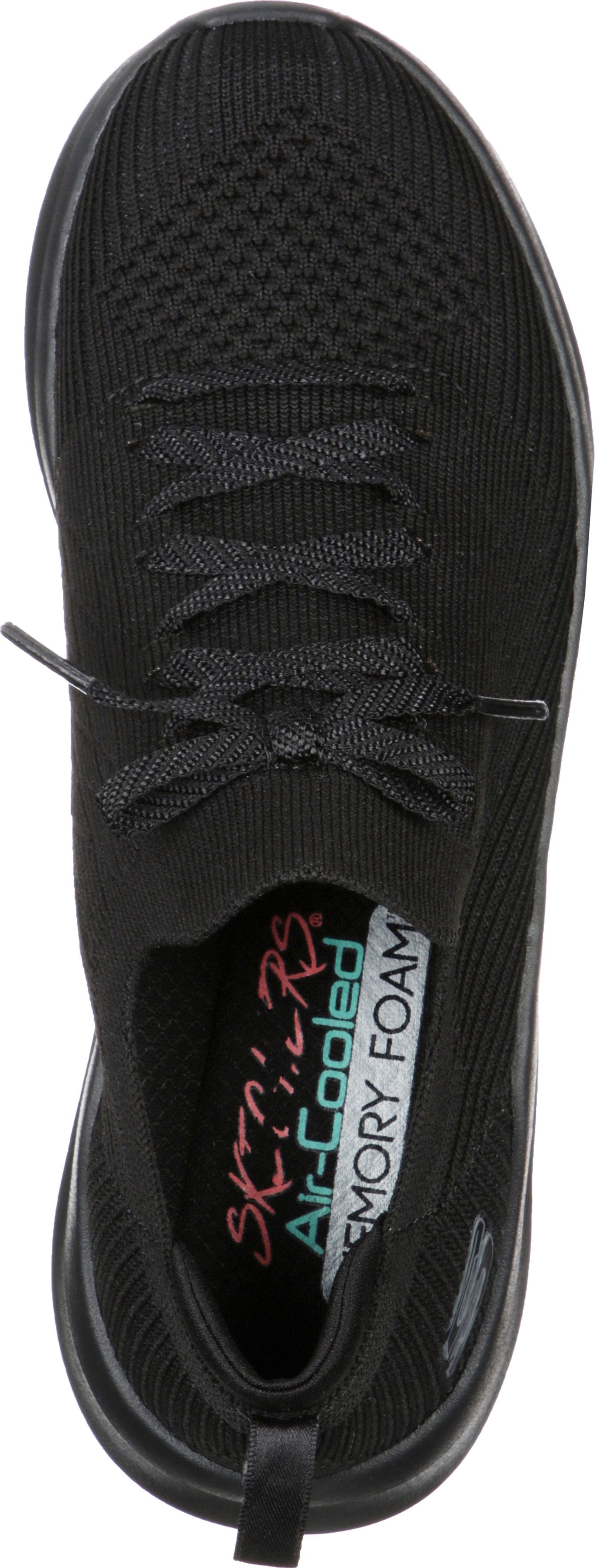A black shoe with laces, showing the insole with the text: Skechers Air-Cooled Memory Foam.