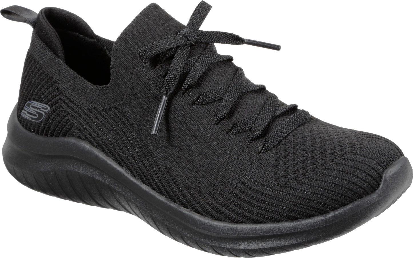 Black athletic shoe with black laces, sock-like ankle opening and loop on the heel.