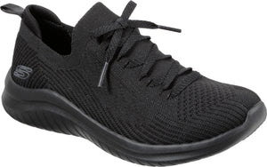 Black athletic shoe with black laces, sock-like ankle opening and loop on the heel.